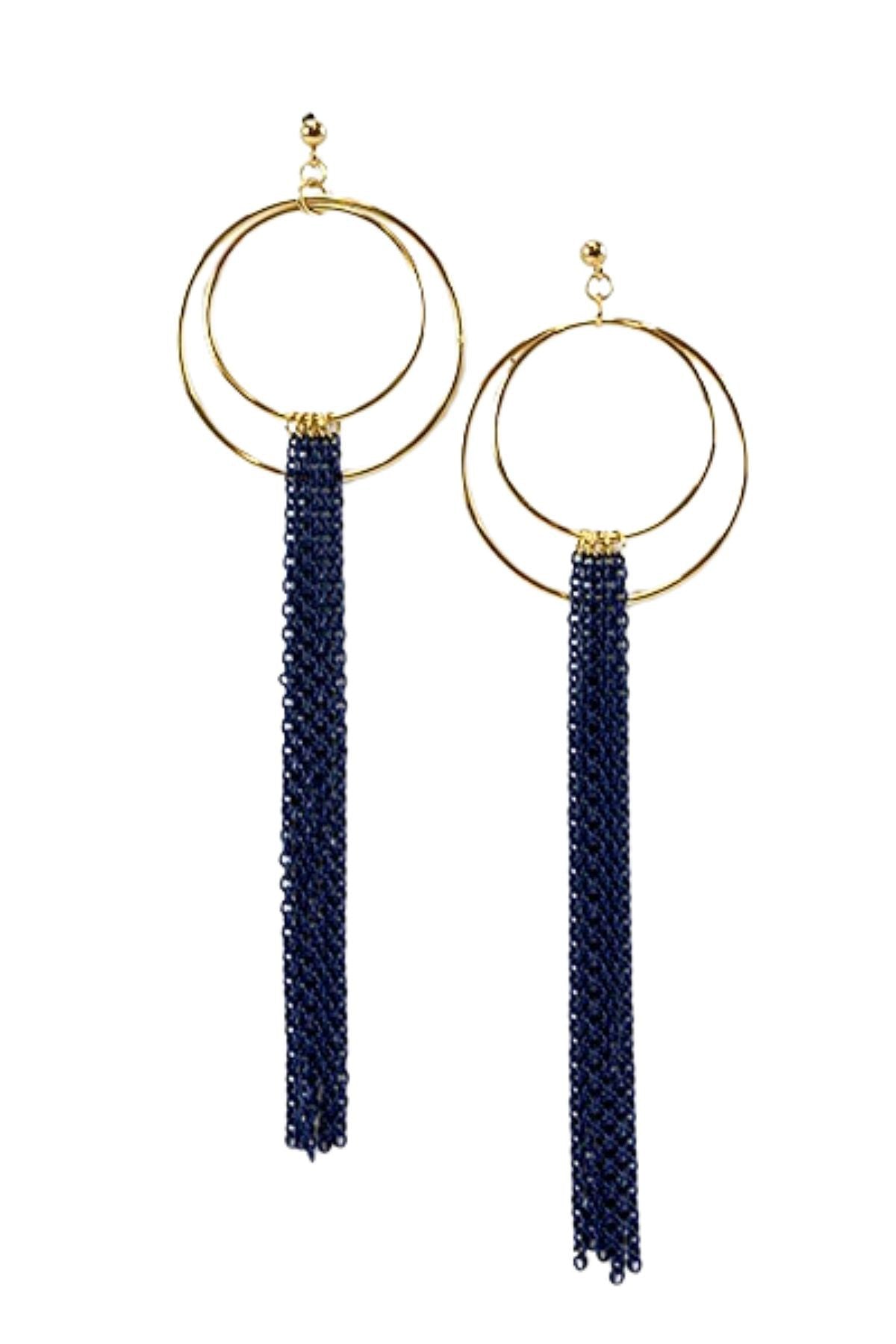 Elegant long chain tassel earrings with a 5.25-inch drop, featuring a secure post back closure.