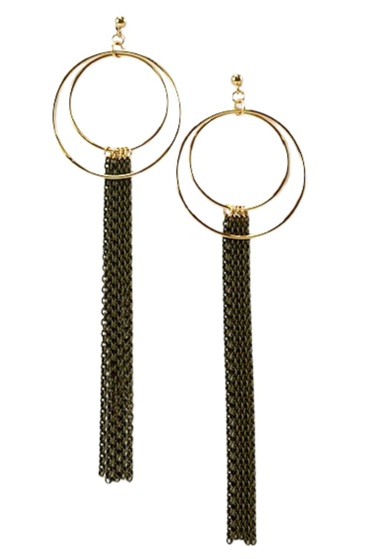 Elegant long chain tassel earrings with a 5.25-inch drop, featuring a secure post back closure.