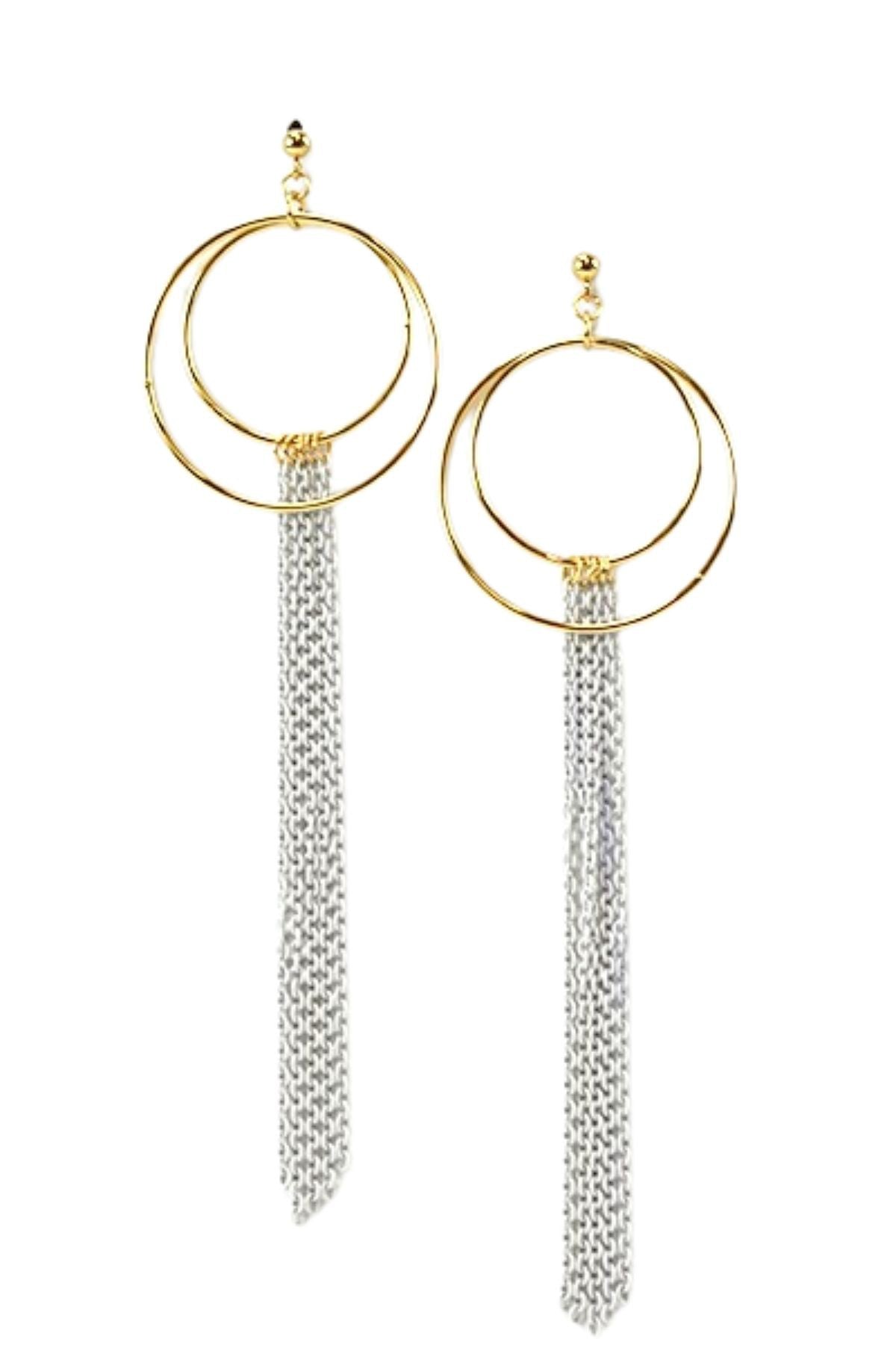 Elegant long chain tassel earrings with a 5.25-inch drop, featuring a secure post back closure.