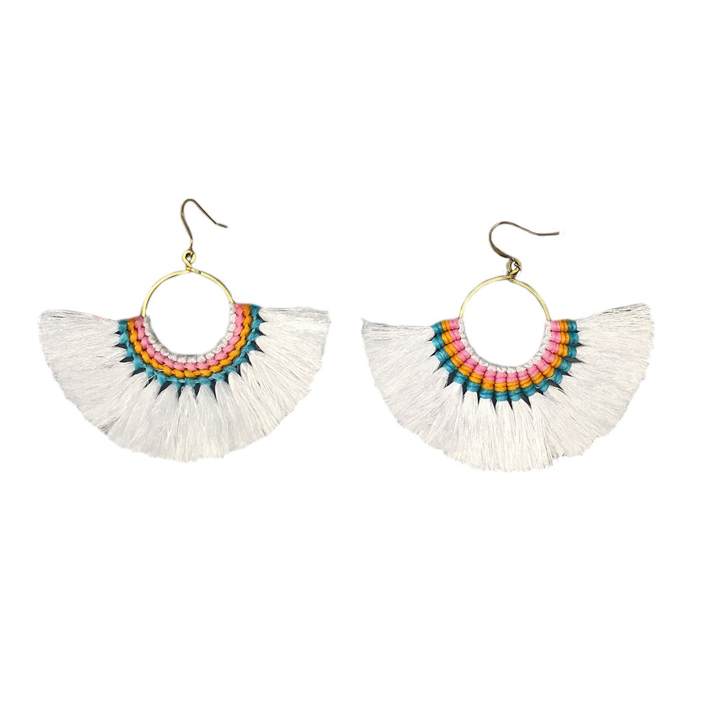 A pair of handmade Tassel Fan Earrings featuring vibrant cotton tassels wrapped in waxed thread, showcasing a bohemian design.