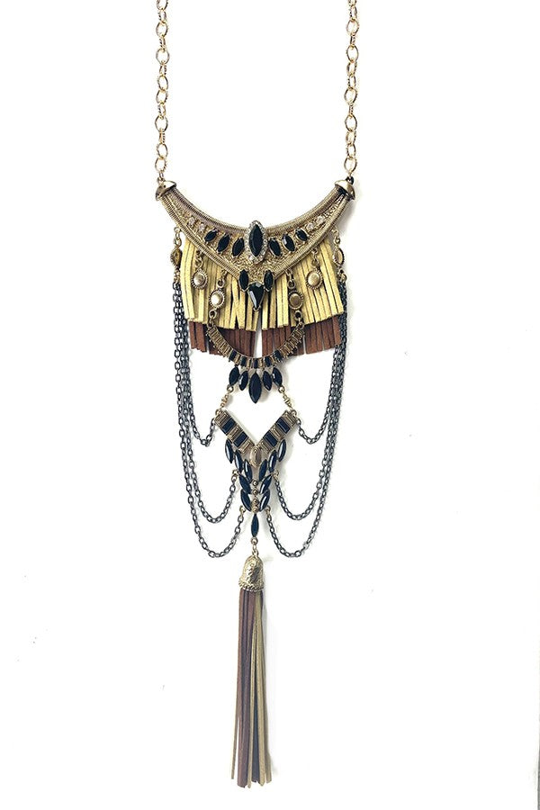 A stylish Aztec tribal bib necklace featuring tassels, gold plating, and mixed color options of black-gray and brown-camel.