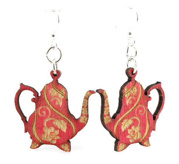 A pair of vibrant Tangerine Teapot Earrings made from sustainably sourced wood, featuring silver-finished hypoallergenic ear wires.