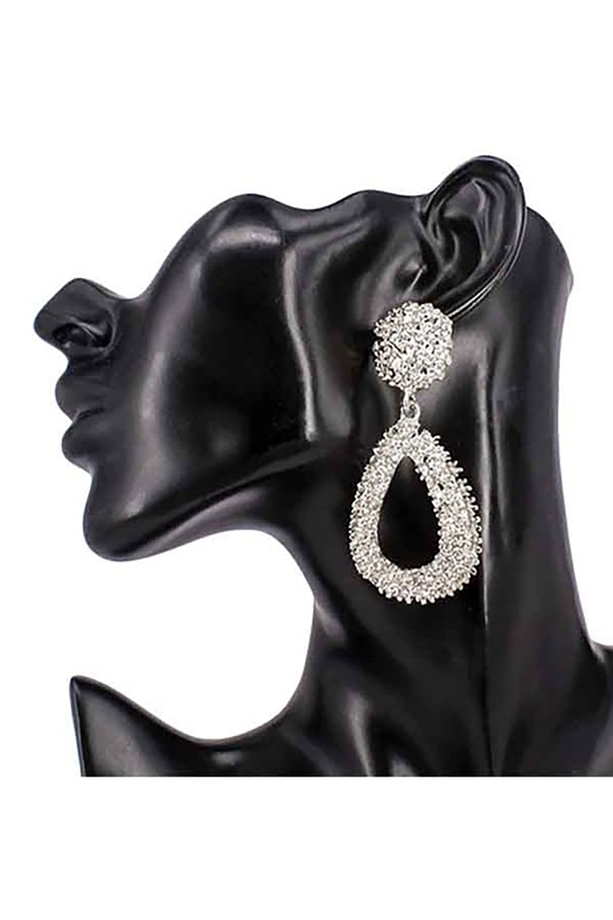 A pair of elegant tear drop casting earrings, approximately 3 inches long, featuring a secure post back closure, lead and nickel compliant.