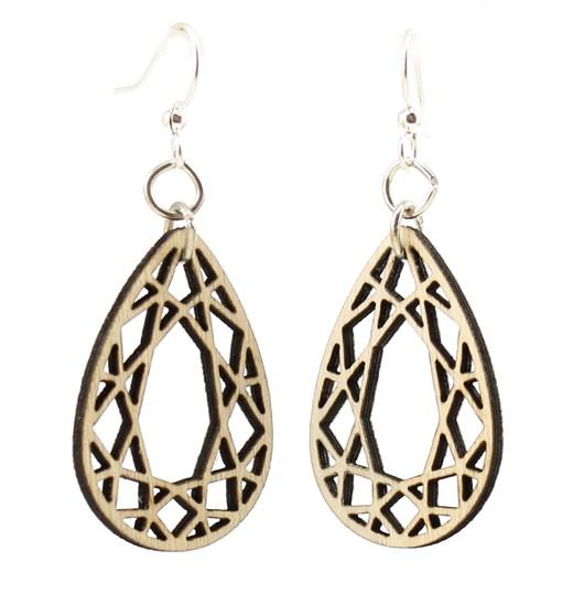 Natural wood tear drop earrings with silver-finished stainless steel ear wires, showcasing a unique laser-cut design.