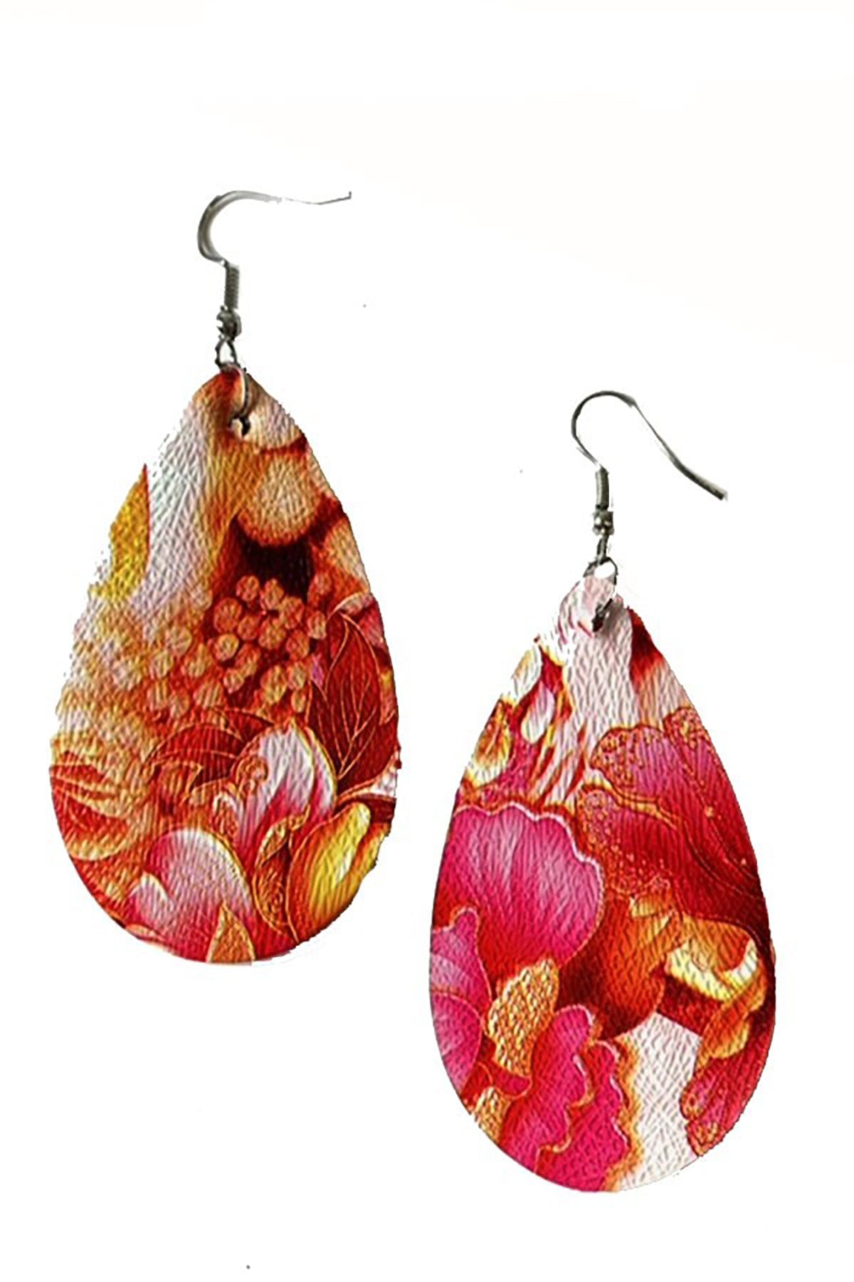 Elegant flower print teardrop earrings with a 2.25-inch drop length, showcasing a chic design suitable for various occasions.