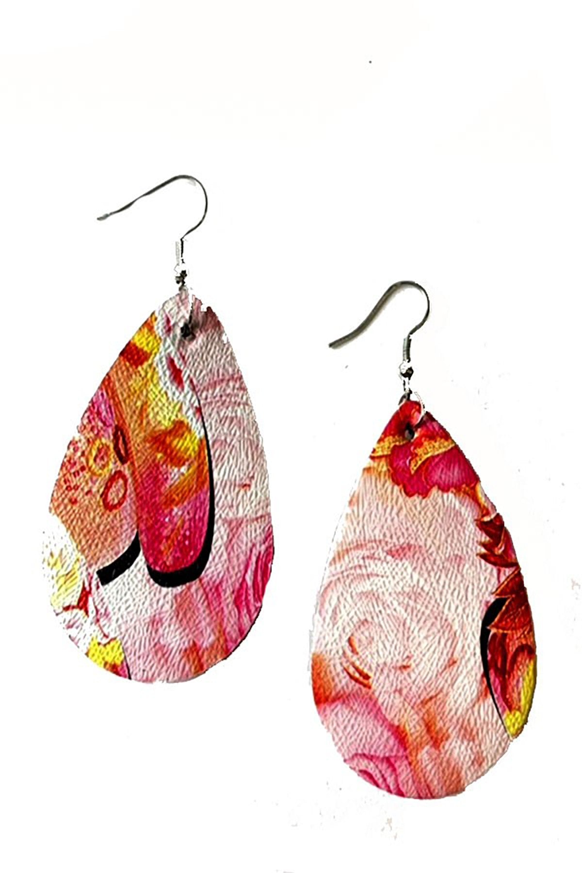 Elegant flower print teardrop earrings with a 2.25-inch drop length, showcasing a chic design suitable for various occasions.