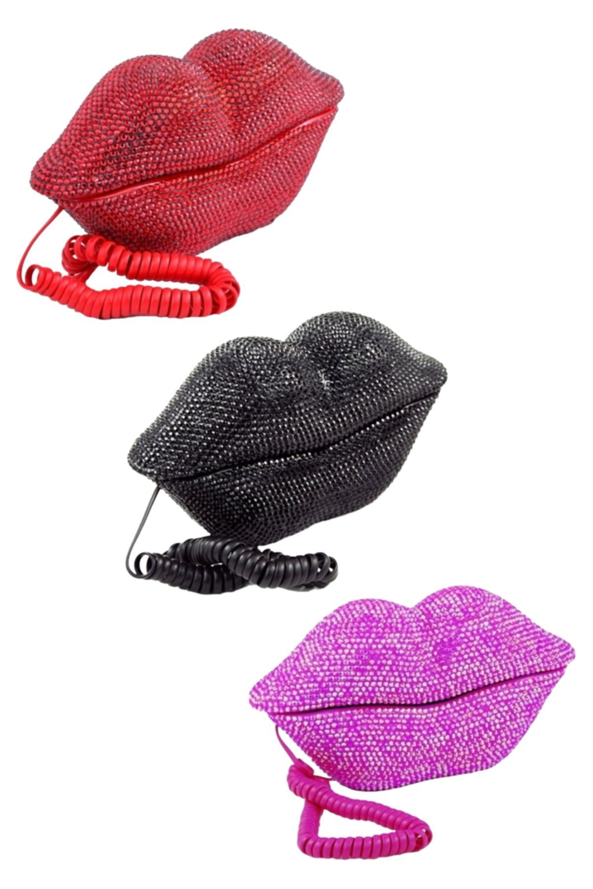 A vibrant studded lip telephone featuring a playful hot lips design adorned with sparkling stones, perfect for home decor.