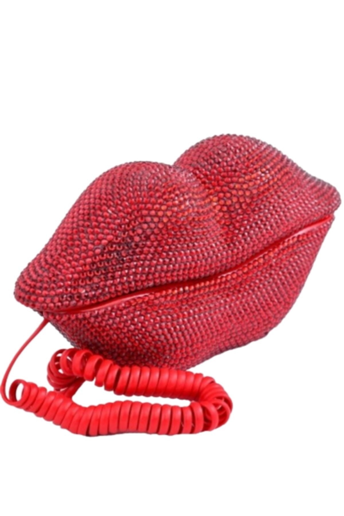 A vibrant studded lip telephone featuring a playful hot lips design adorned with sparkling stones, perfect for home decor.