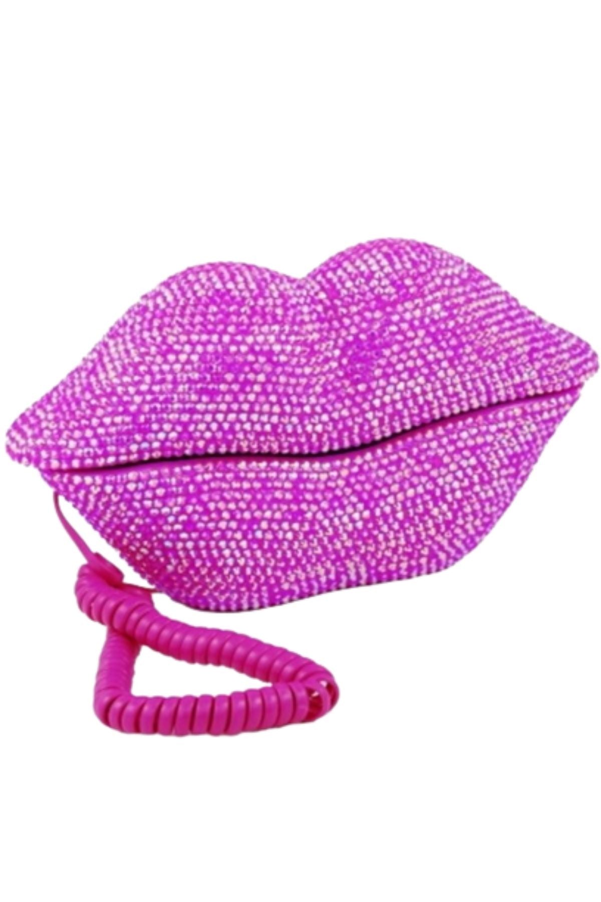 A vibrant studded lip telephone featuring a playful hot lips design adorned with sparkling stones, perfect for home decor.