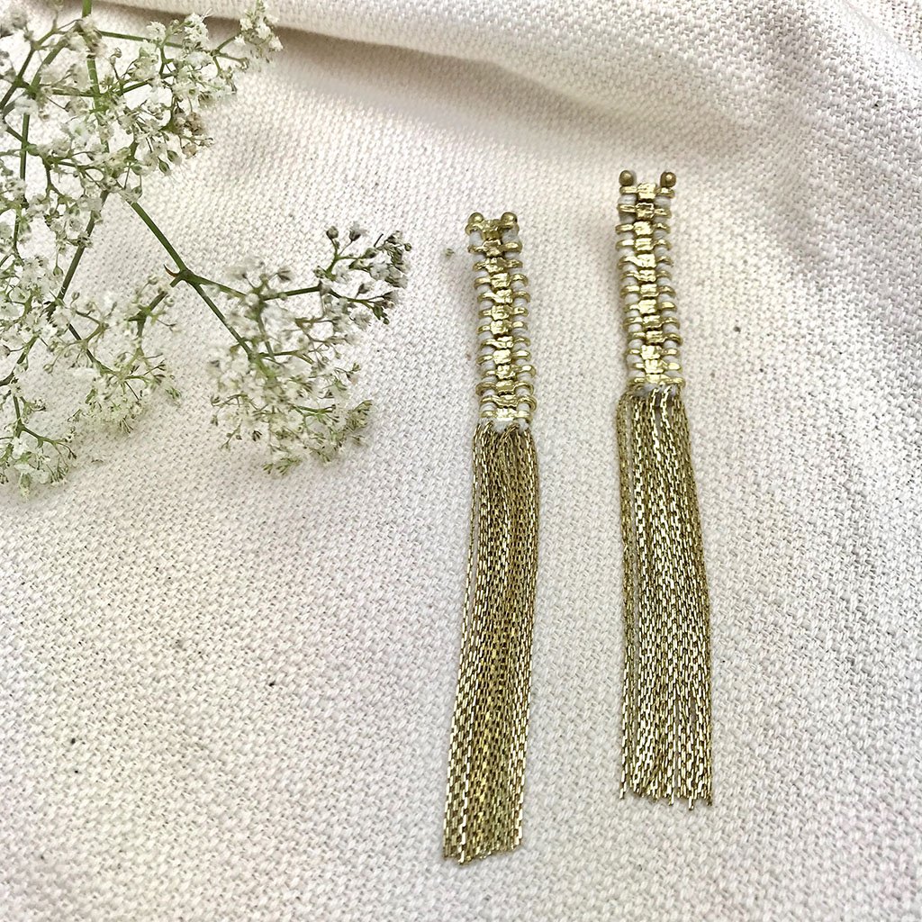 Temple Tassel Earrings featuring vibrant cotton threads and zinc alloy metal, showcasing a unique bohemian design.