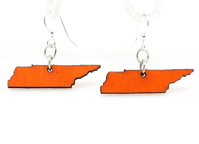 Tennessee State Earrings S042 made from lightweight laser-cut wood in vibrant orange color with stainless steel ear wires.