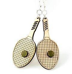 A pair of stylish Tennis Racquet Earrings made from sustainably sourced wood, featuring intricate laser-cut designs and hypoallergenic silver-finished ear wires.