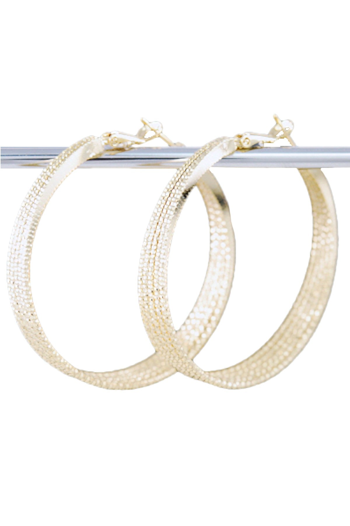 Elegant textured chain hoop earrings with lever back closure, showcasing a stylish design and double plated finish.