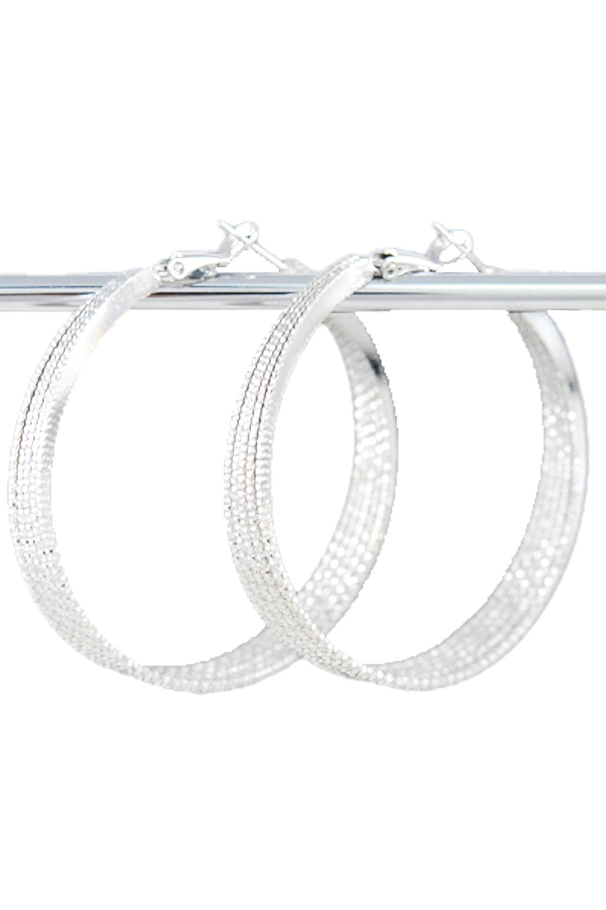 Elegant textured chain hoop earrings with lever back closure, showcasing a stylish design and double plated finish.