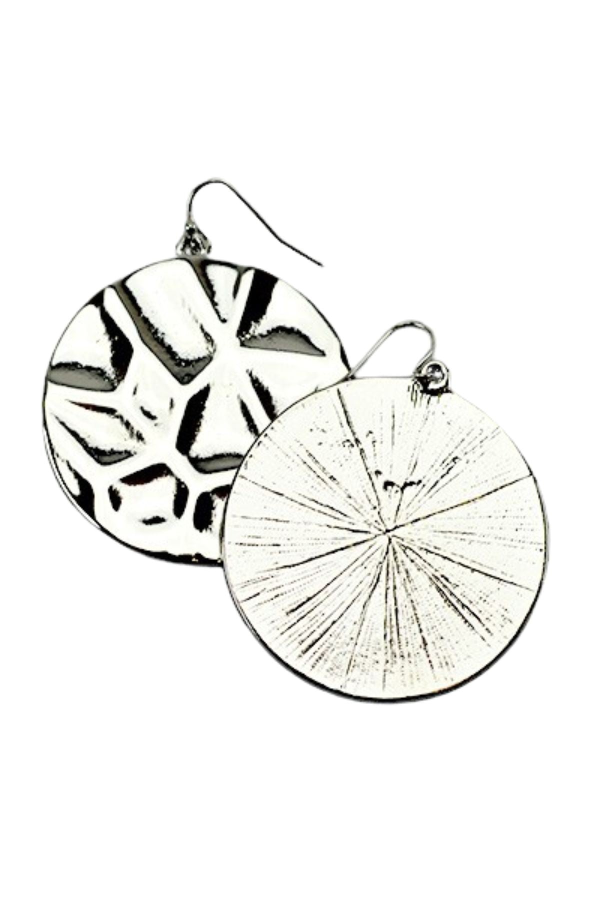 Elegant textured circle drop earrings with fish hook closure, showcasing a chic design.