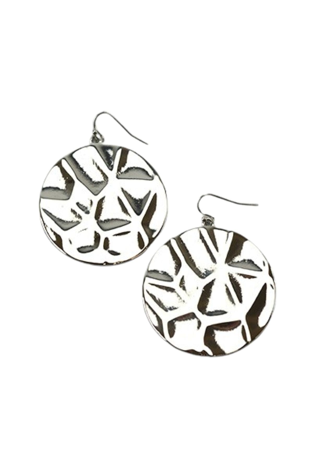 Elegant textured circle drop earrings with fish hook closure, showcasing a chic design.