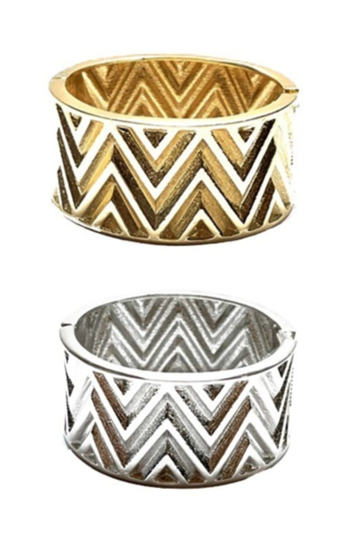 A stylish textured cuff bracelet with a spring snap closure, showcasing its unique design and approximate 2-inch width.