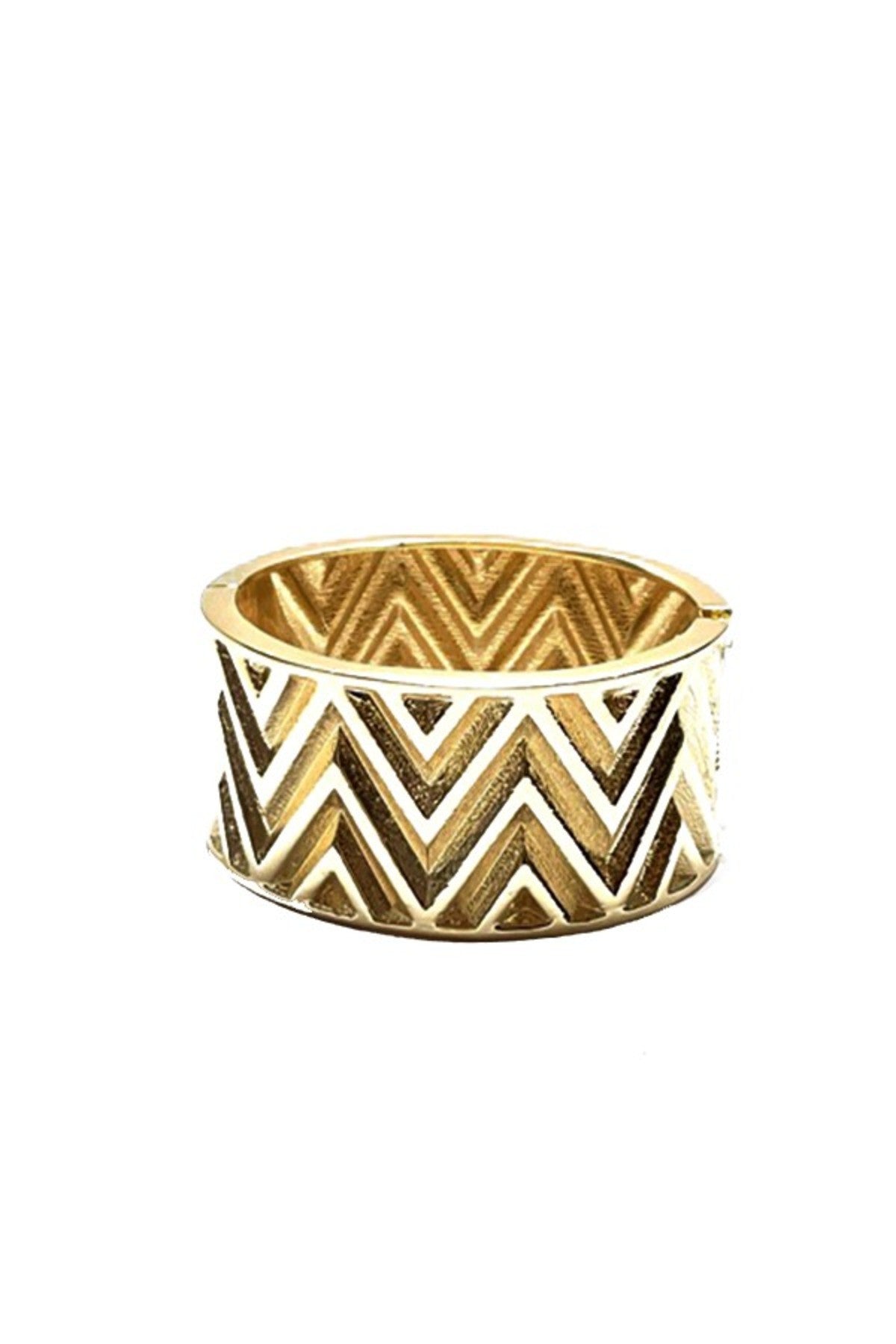 A stylish textured cuff bracelet with a spring snap closure, showcasing its unique design and approximate 2-inch width.