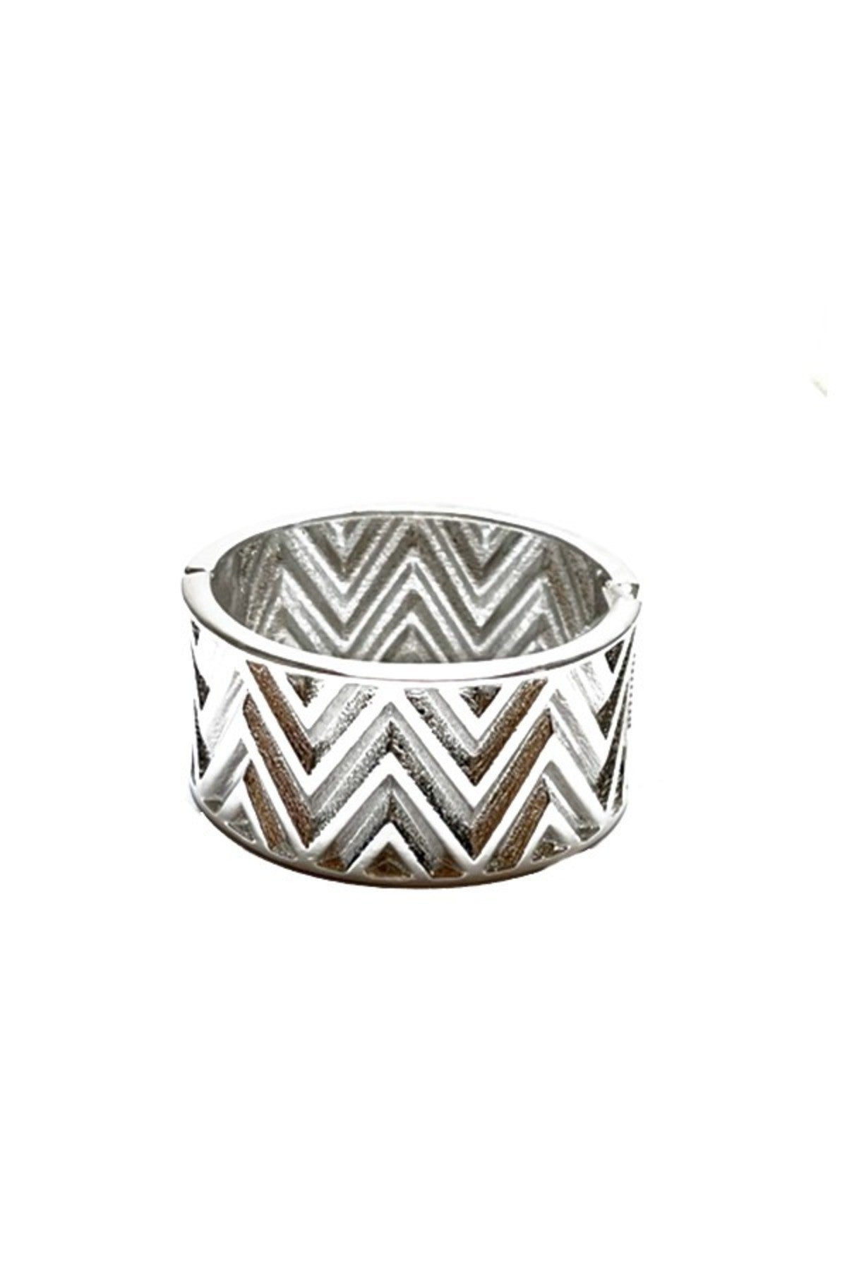 A stylish textured cuff bracelet with a spring snap closure, showcasing its unique design and approximate 2-inch width.