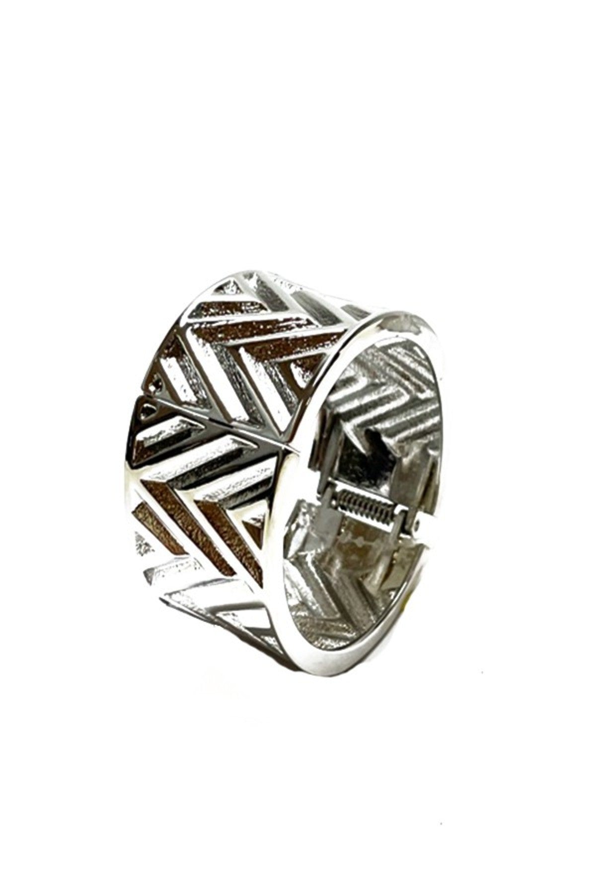 A stylish textured cuff bracelet with a spring snap closure, showcasing its unique design and approximate 2-inch width.