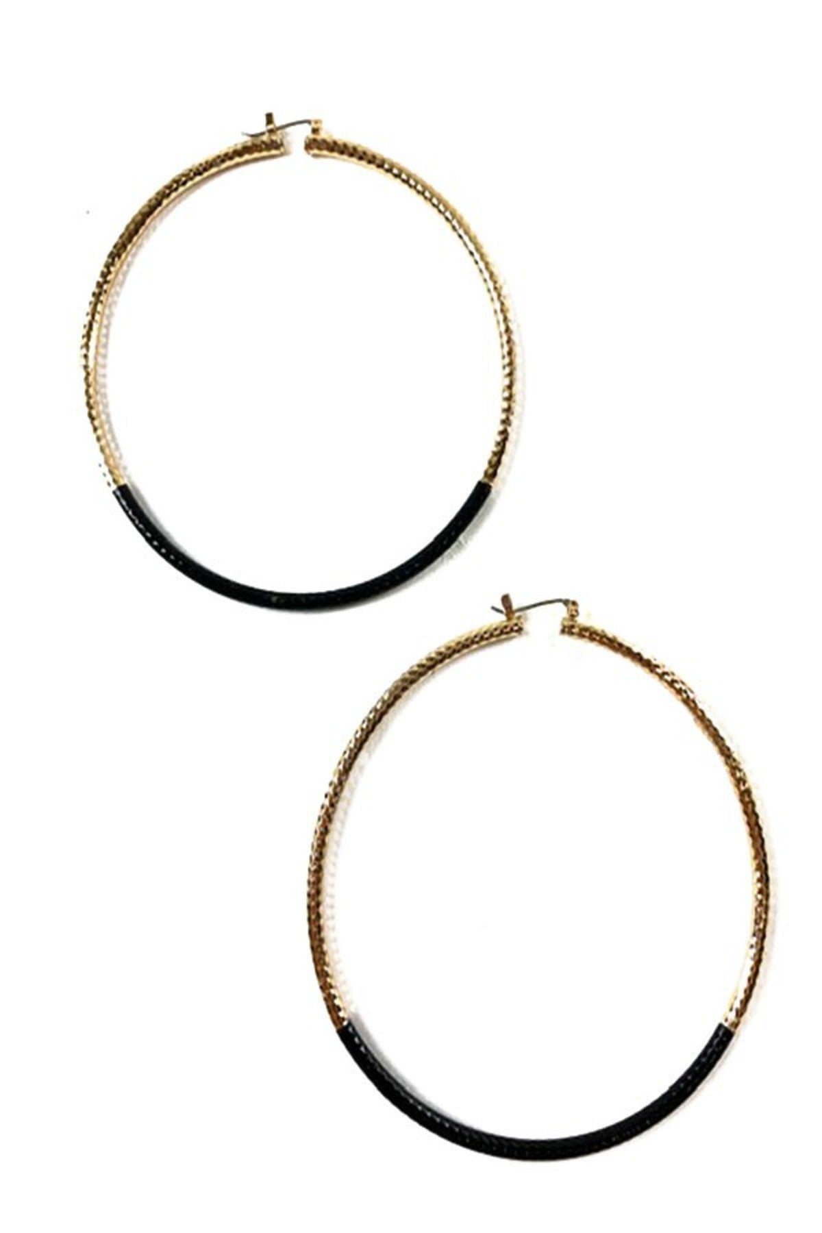 Textured double color hoop earrings with a stylish design and lever back closure, showcasing a medium size drop of 3 inches.