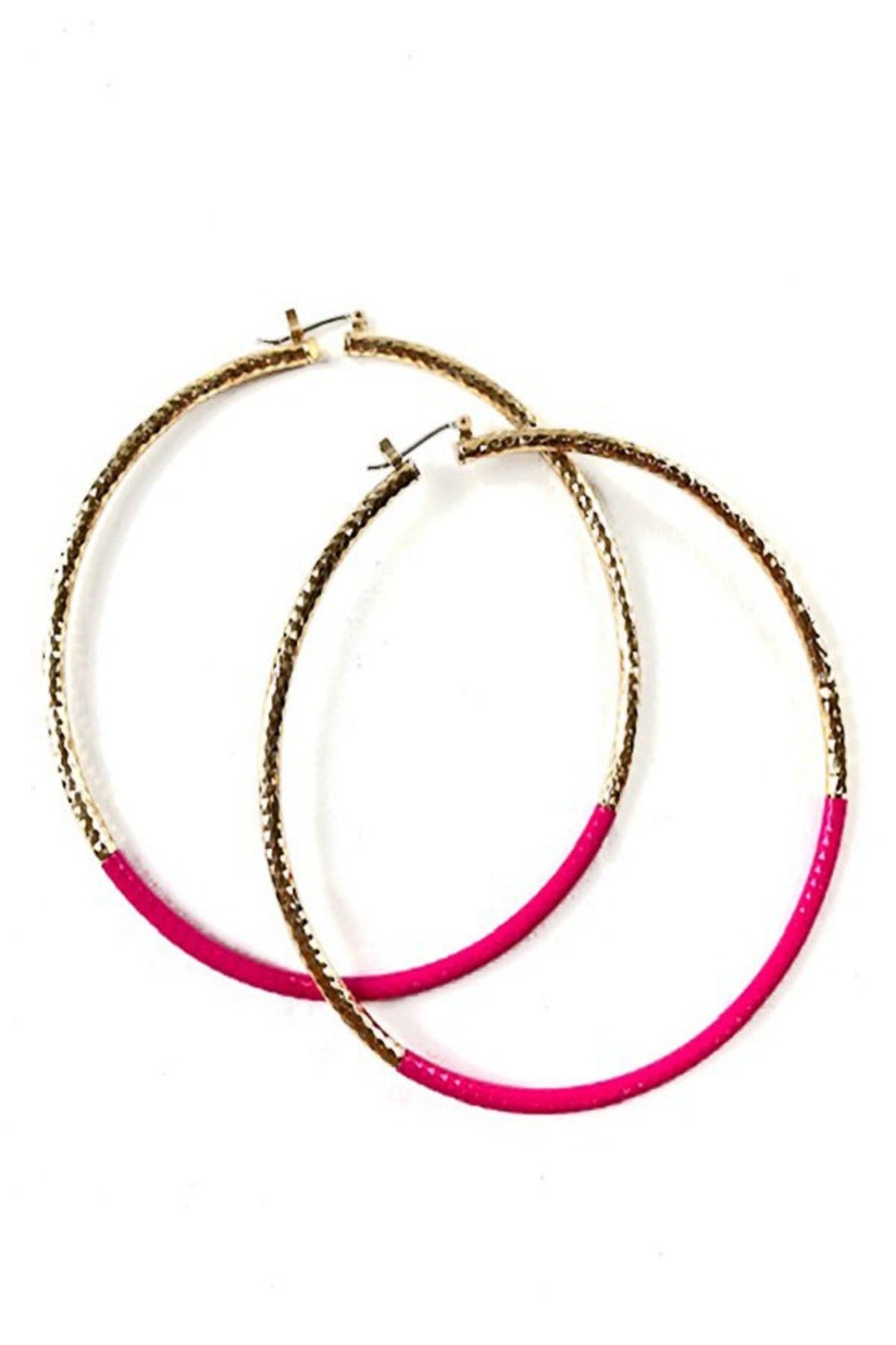 Textured double color hoop earrings with a stylish design and lever back closure, showcasing a medium size drop of 3 inches.