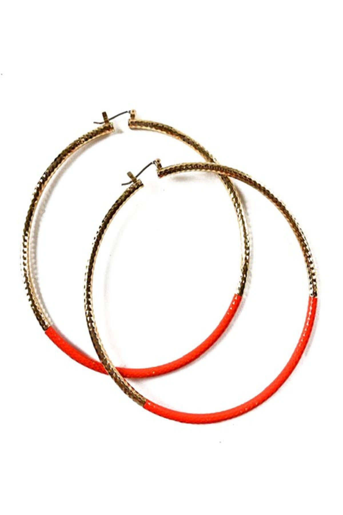 Textured double color hoop earrings with a stylish design and lever back closure, showcasing a medium size drop of 3 inches.