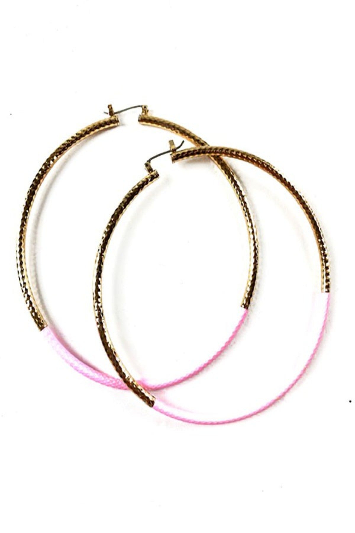 Textured double color hoop earrings with a stylish design and lever back closure, showcasing a medium size drop of 3 inches.