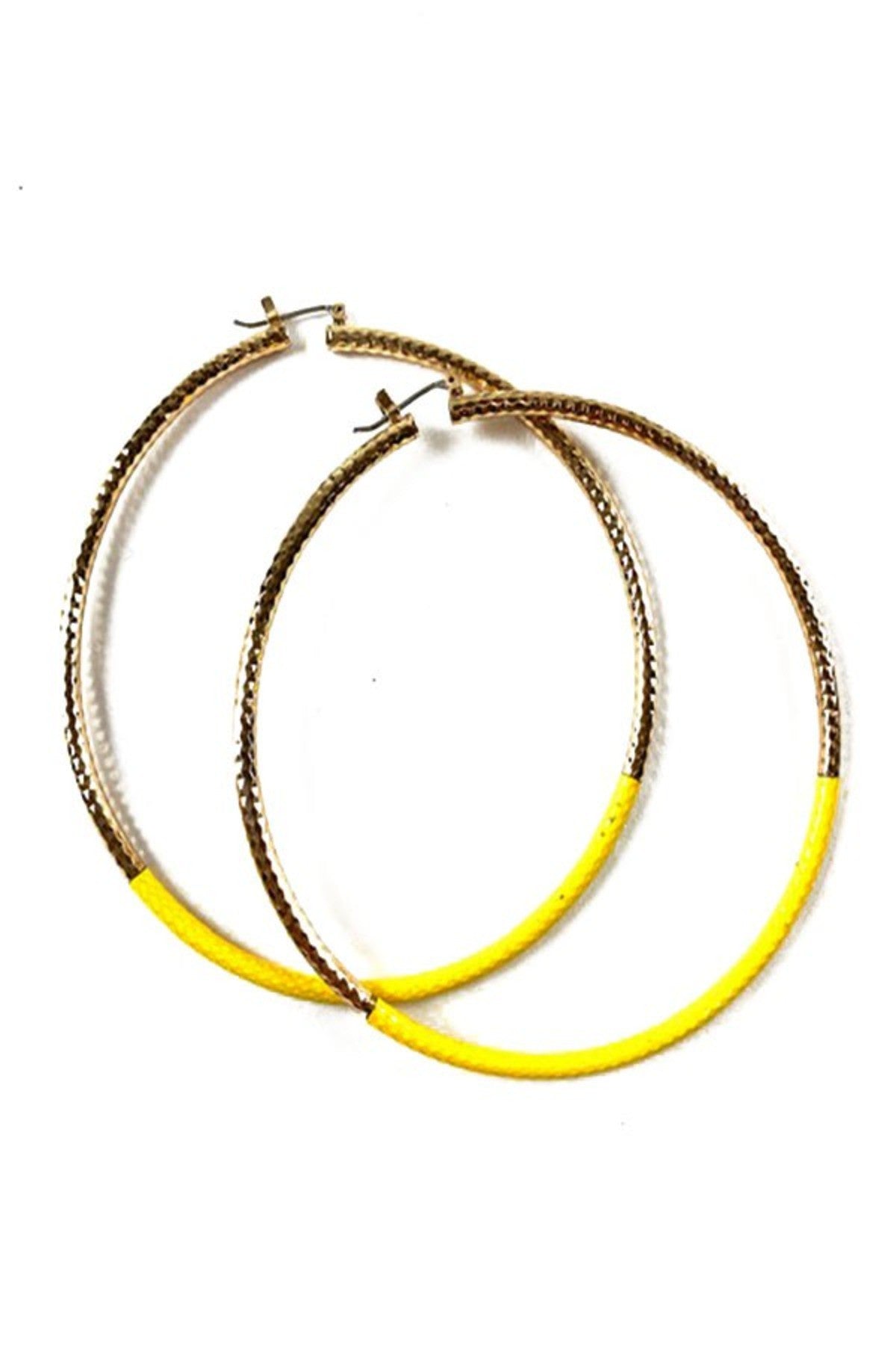 Textured double color hoop earrings with a stylish design and lever back closure, showcasing a medium size drop of 3 inches.