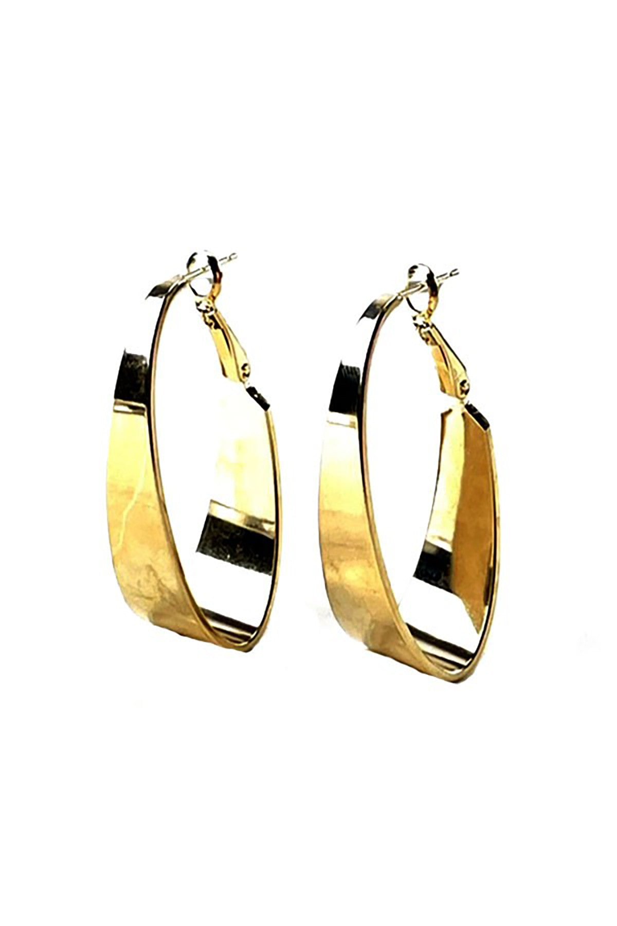 A pair of textured ellipse hoop earrings featuring a unique design and lever back closure, elegantly displayed against a neutral background.