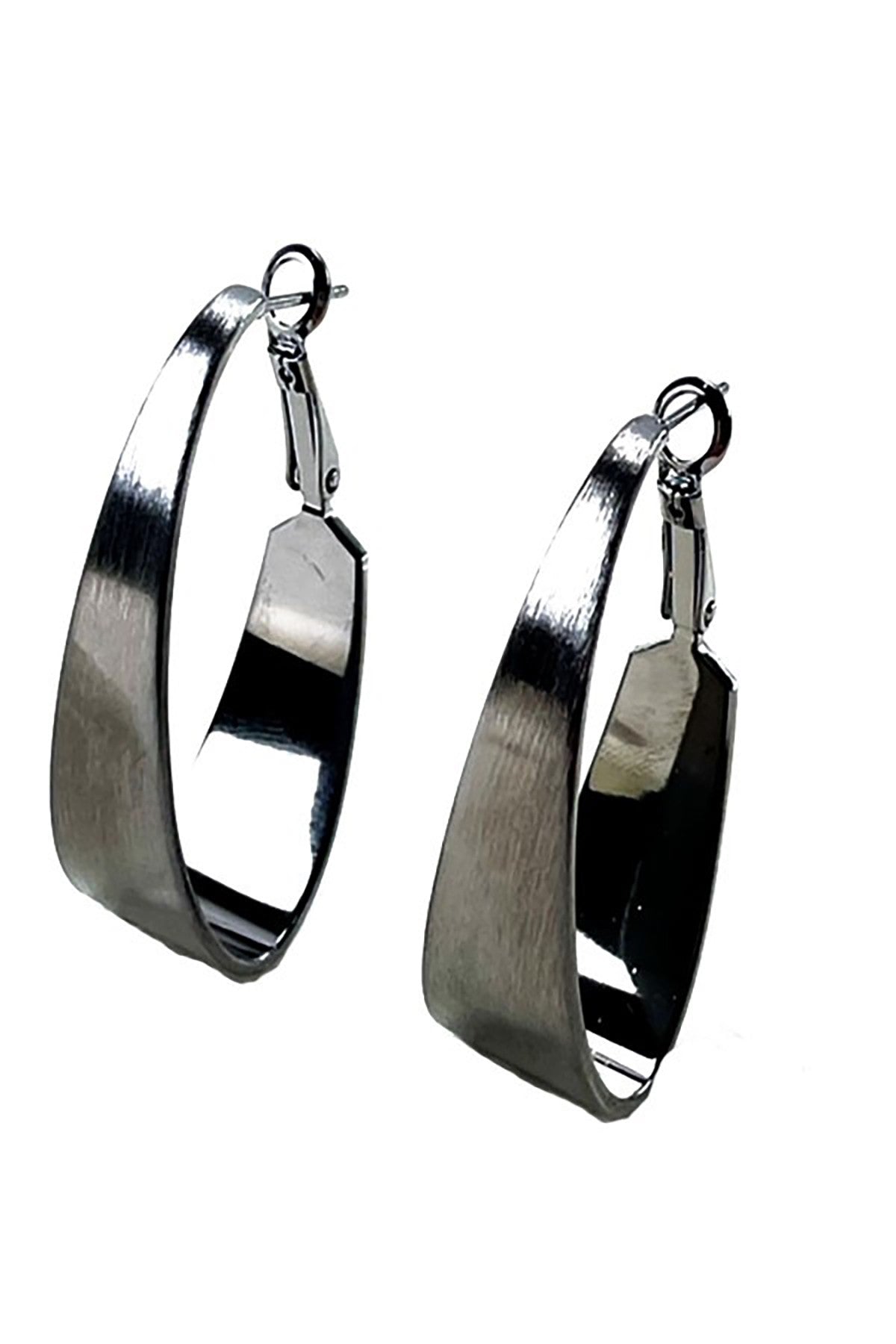 A pair of textured ellipse hoop earrings featuring a unique design and lever back closure, elegantly displayed against a neutral background.