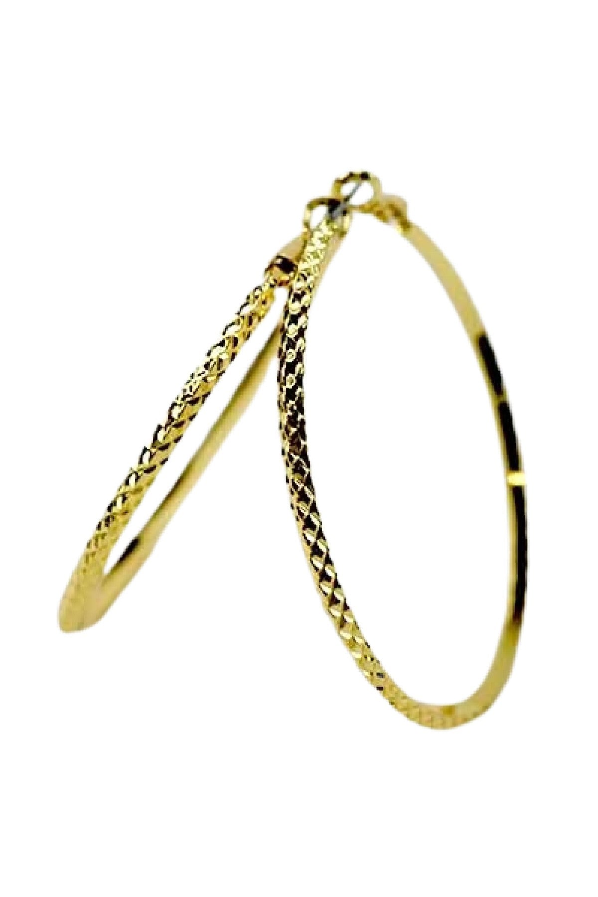 A pair of elegant textured etched hoop earrings with a 2.5-inch drop, featuring a secure latch back closure.