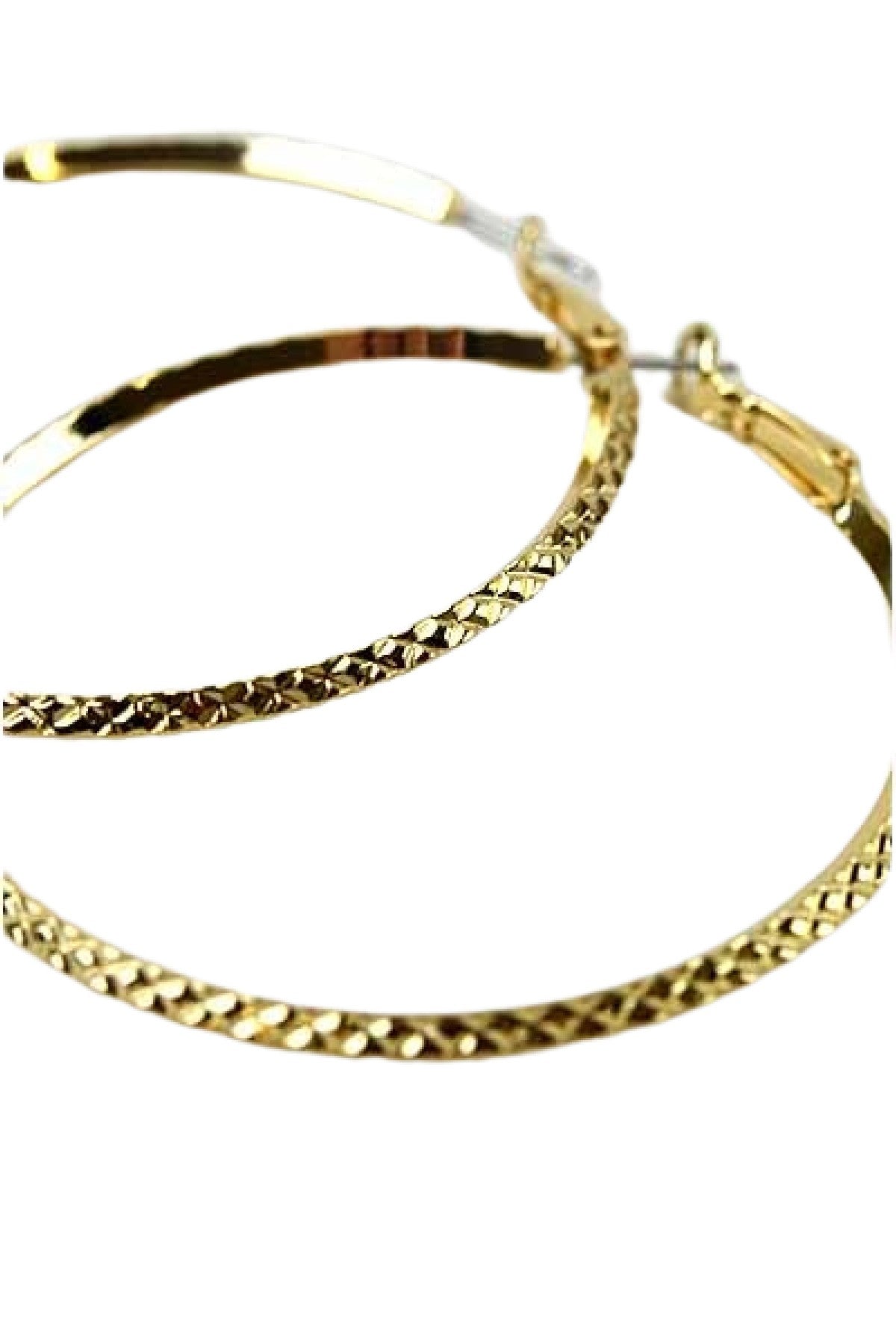 A pair of elegant textured etched hoop earrings with a 2.5-inch drop, featuring a secure latch back closure.