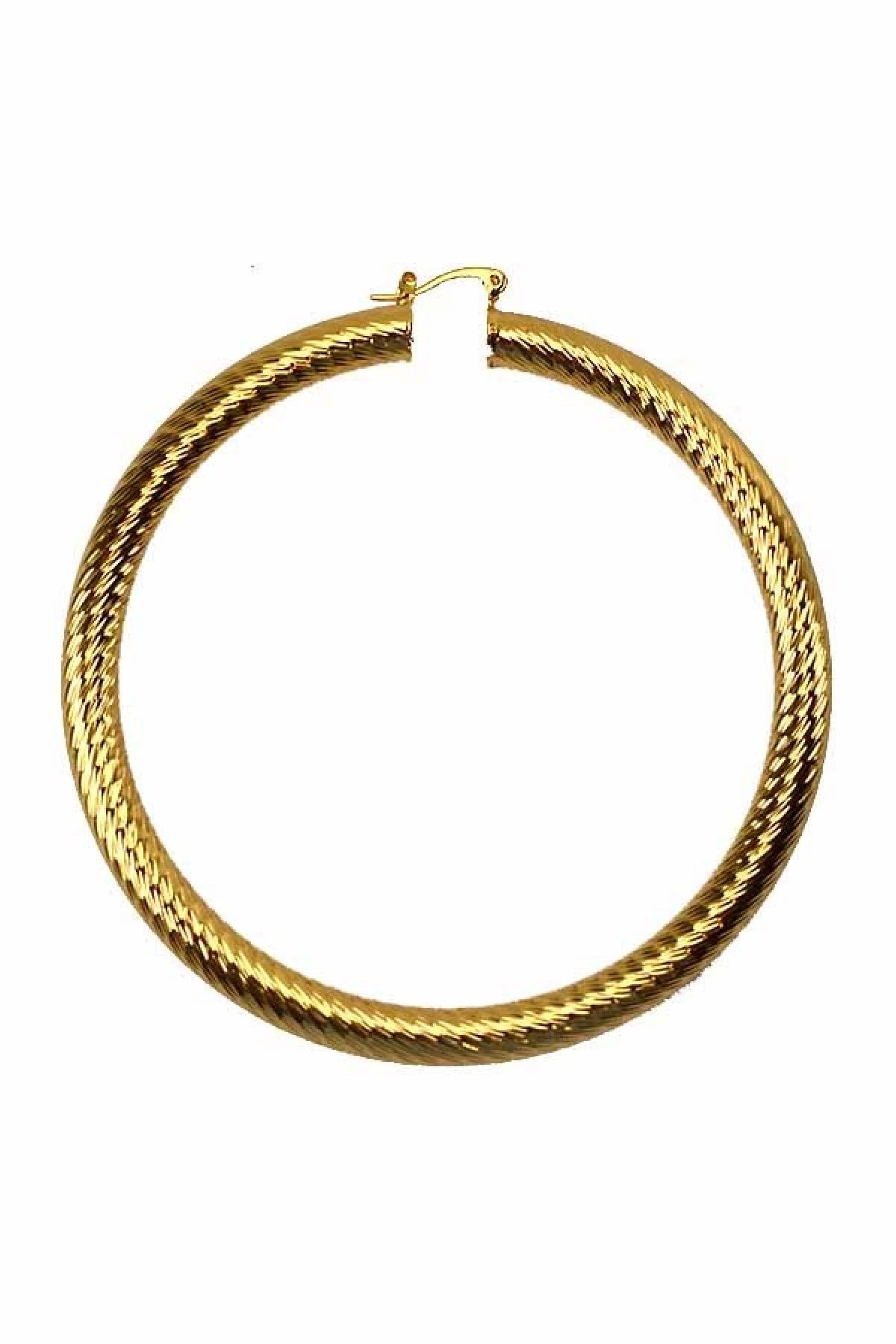 A pair of stylish textured hoop earrings with a latch back closure, measuring 3.5 inches in diameter, showcasing a unique design.