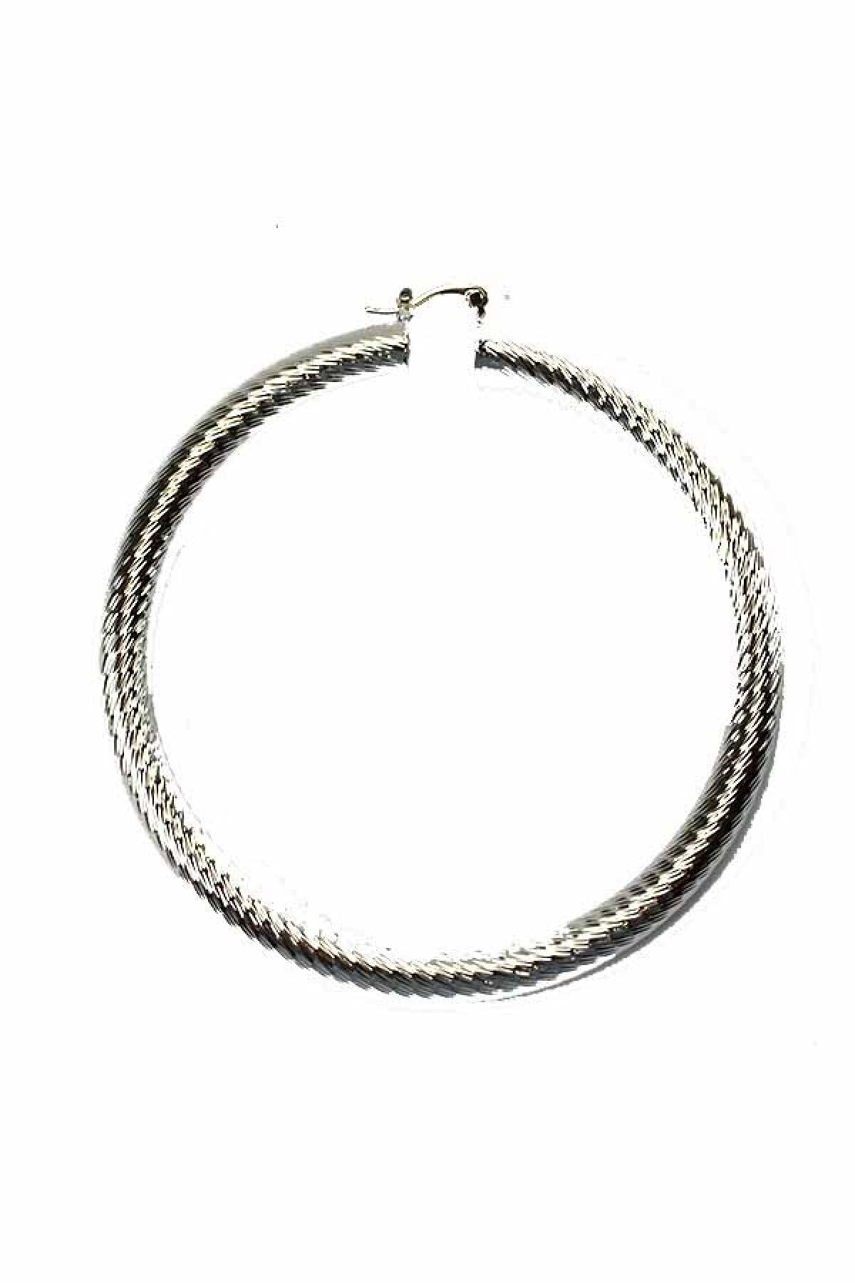 A pair of stylish textured hoop earrings with a latch back closure, measuring 3.5 inches in diameter, showcasing a unique design.