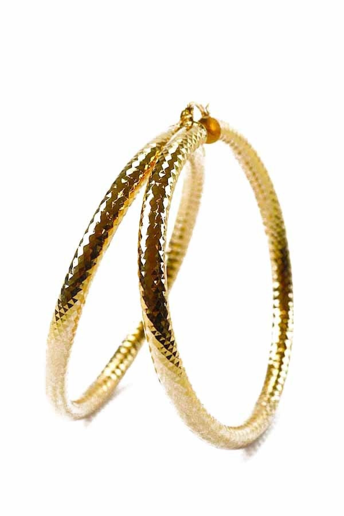 A pair of stylish textured hoop earrings with a latch back closure, measuring 3.5 inches in diameter, showcasing an elegant design.