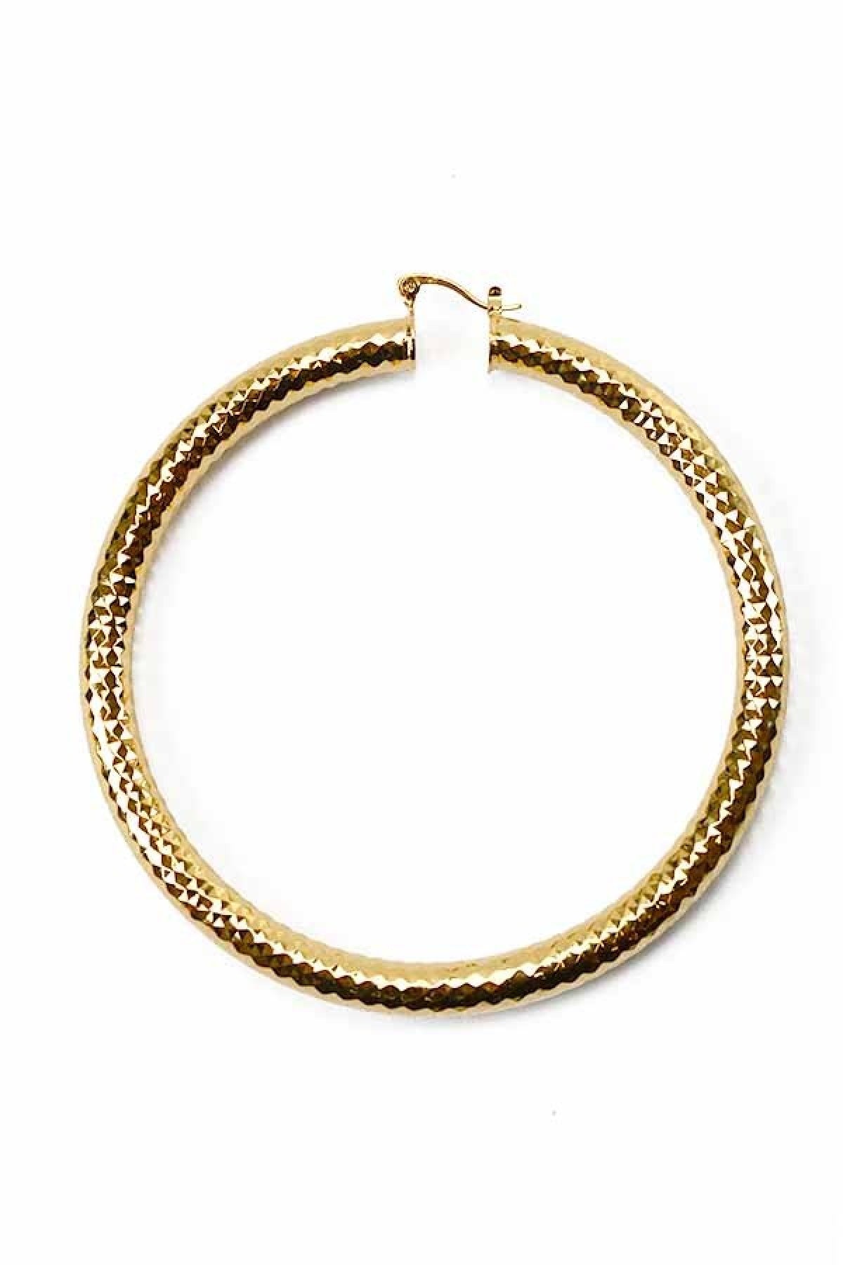 A pair of stylish textured hoop earrings with a latch back closure, measuring 3.5 inches in diameter, showcasing an elegant design.