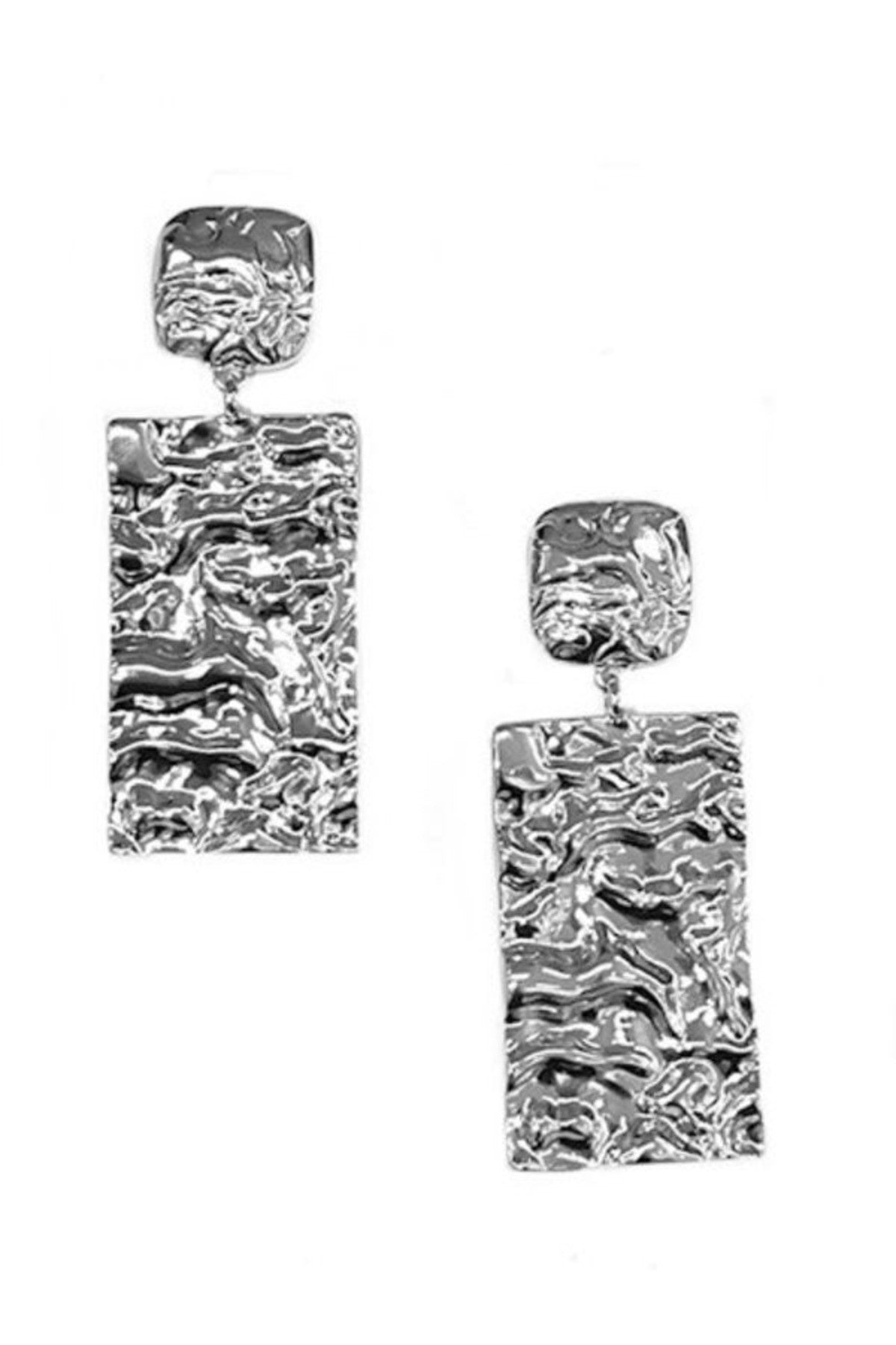 Stylish textured metal earrings with a 2-inch drop, featuring a post back closure.