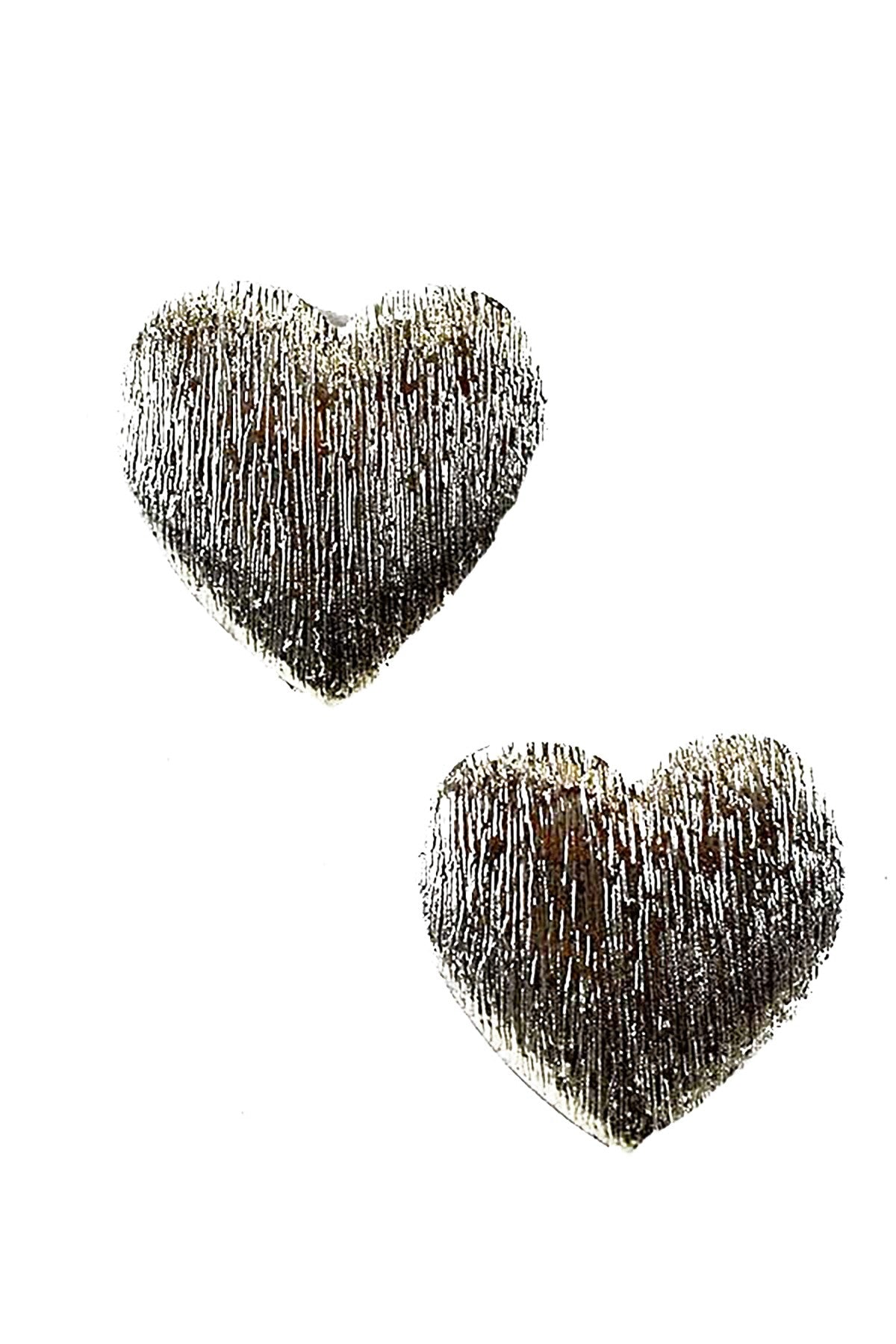 A pair of textured metal heart earrings with a double plated finish, featuring a post back closure for secure wear.