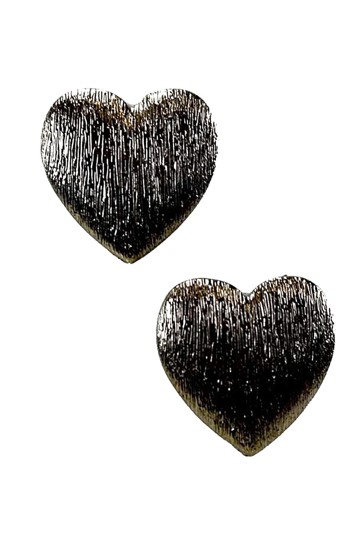 A pair of textured metal heart earrings with a double plated finish, featuring a post back closure for secure wear.