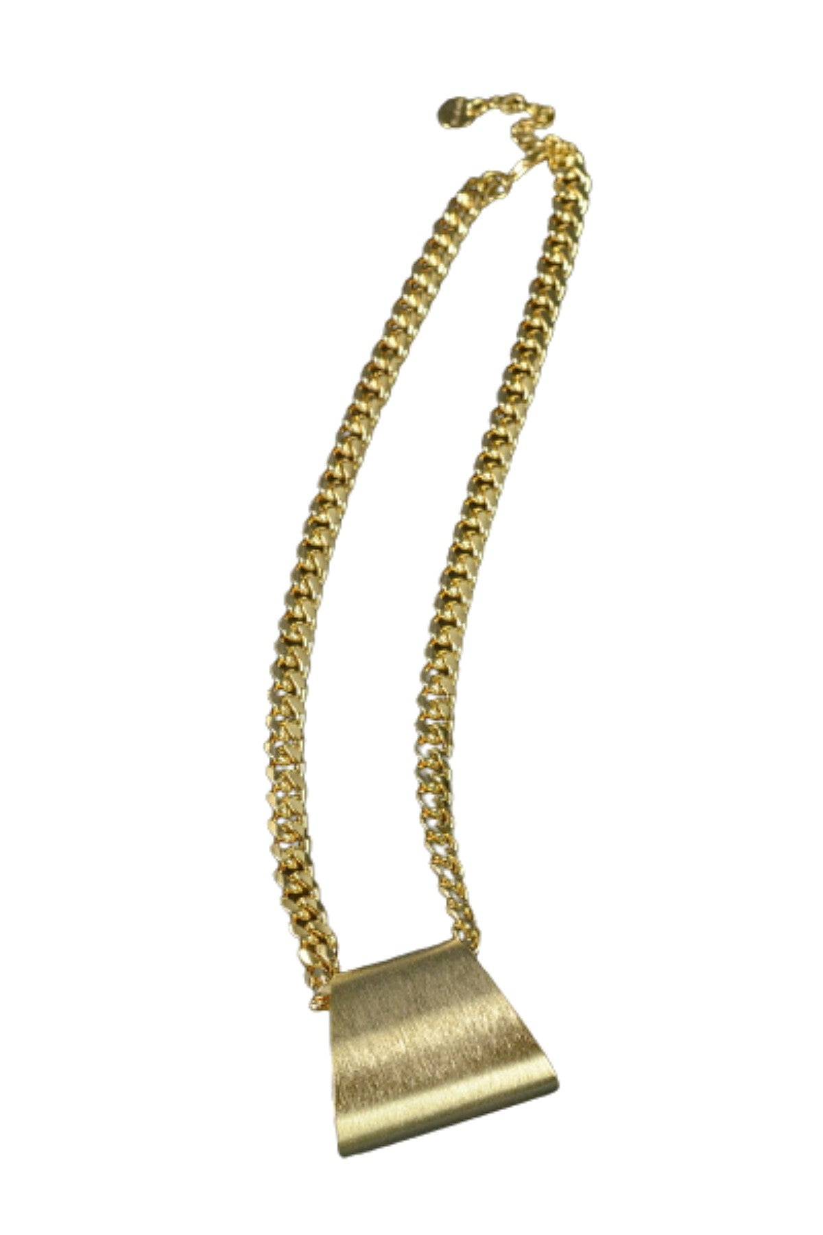 A stylish Textured Pendant Chain Necklace featuring a unique pendant design, triple plated finish, and a lobster claw clasp with an extender.