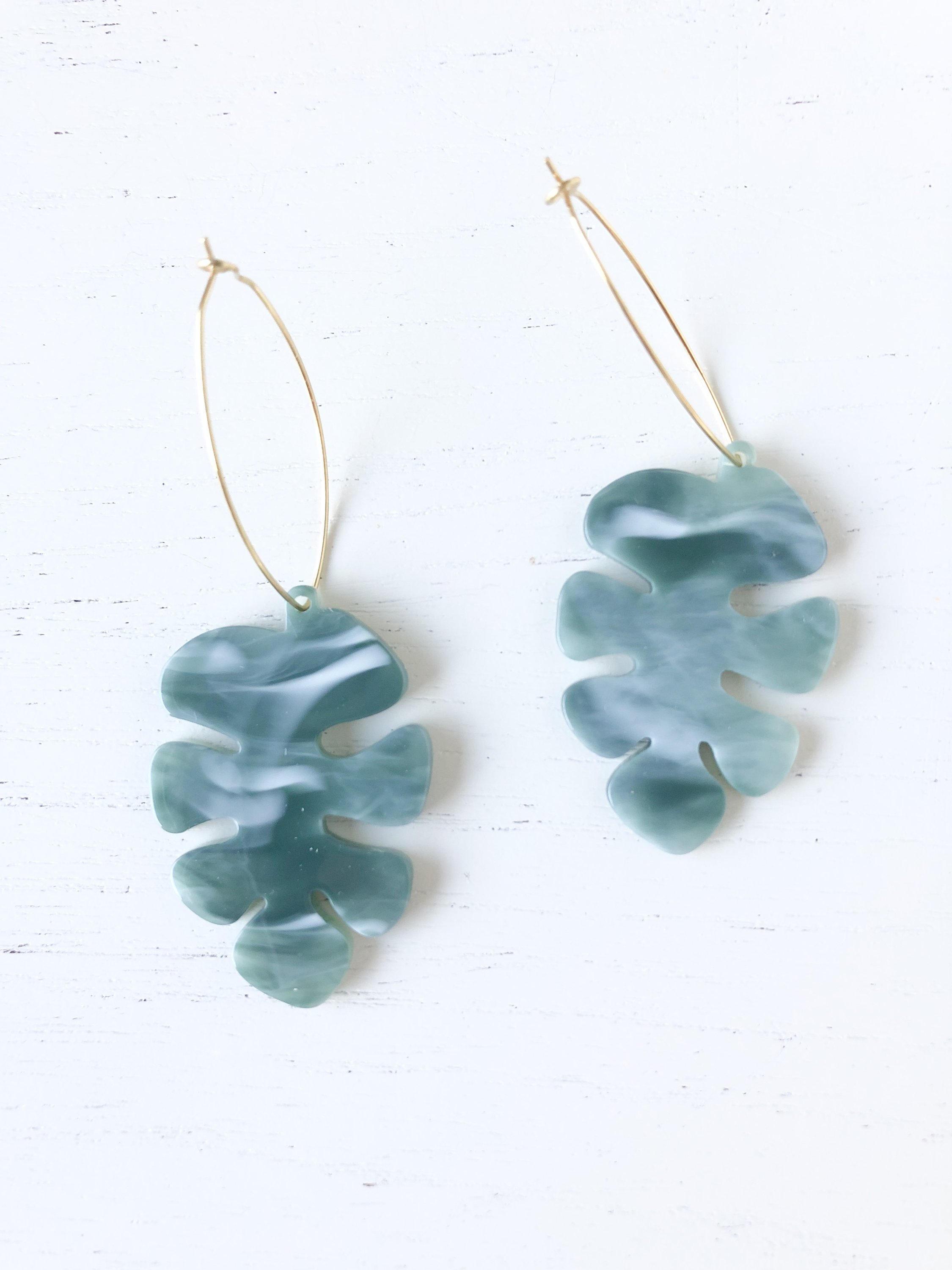 Leaf Green/Grey earrings featuring nickel-free brass hoops and tortoise shell resin detail, measuring 3-1/8 inches in length.