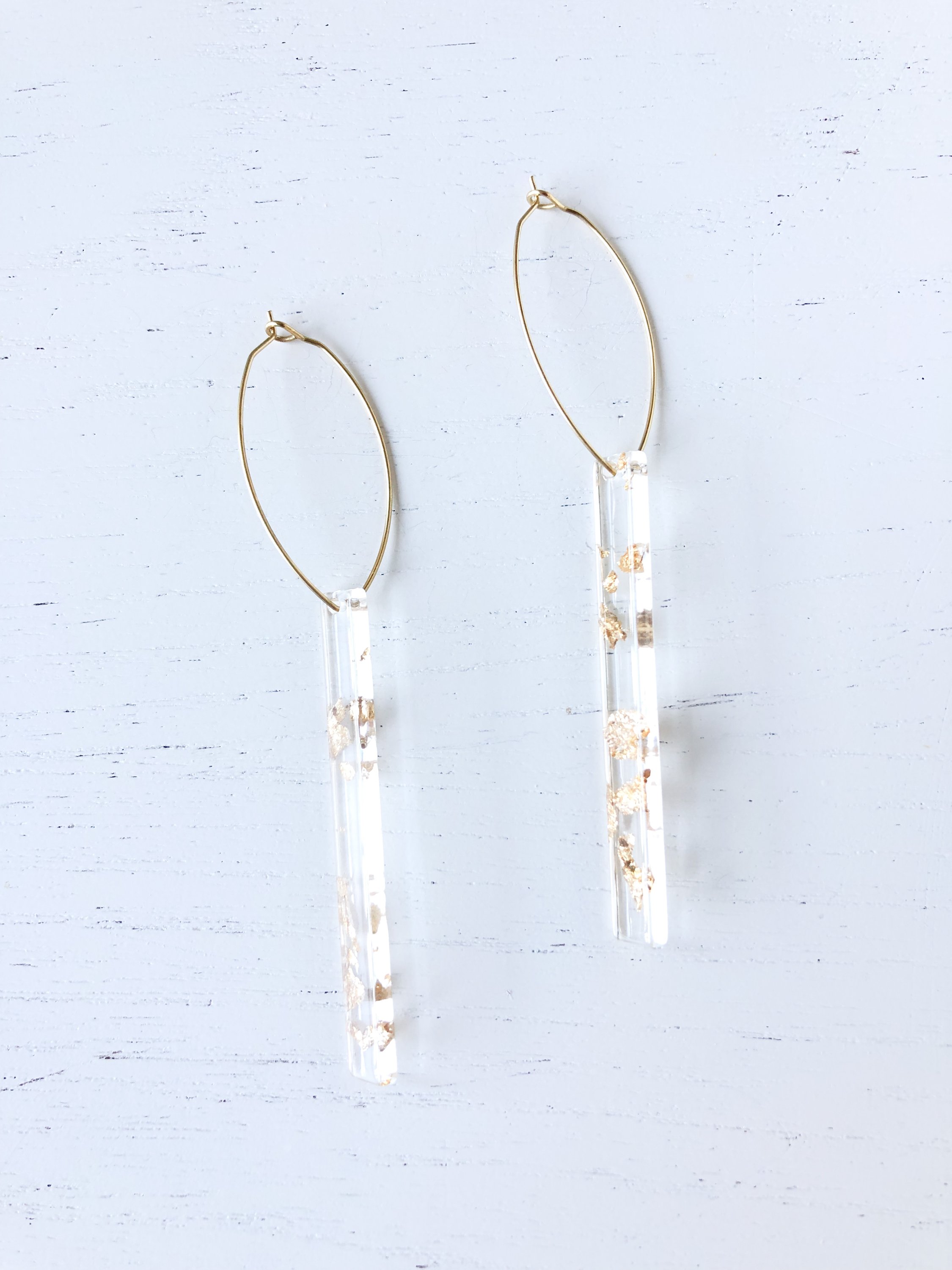 Melissa Gold Flake Tall earrings featuring nickel-free brass hoops and gold flake resin detail, elegantly designed for stylish wear.