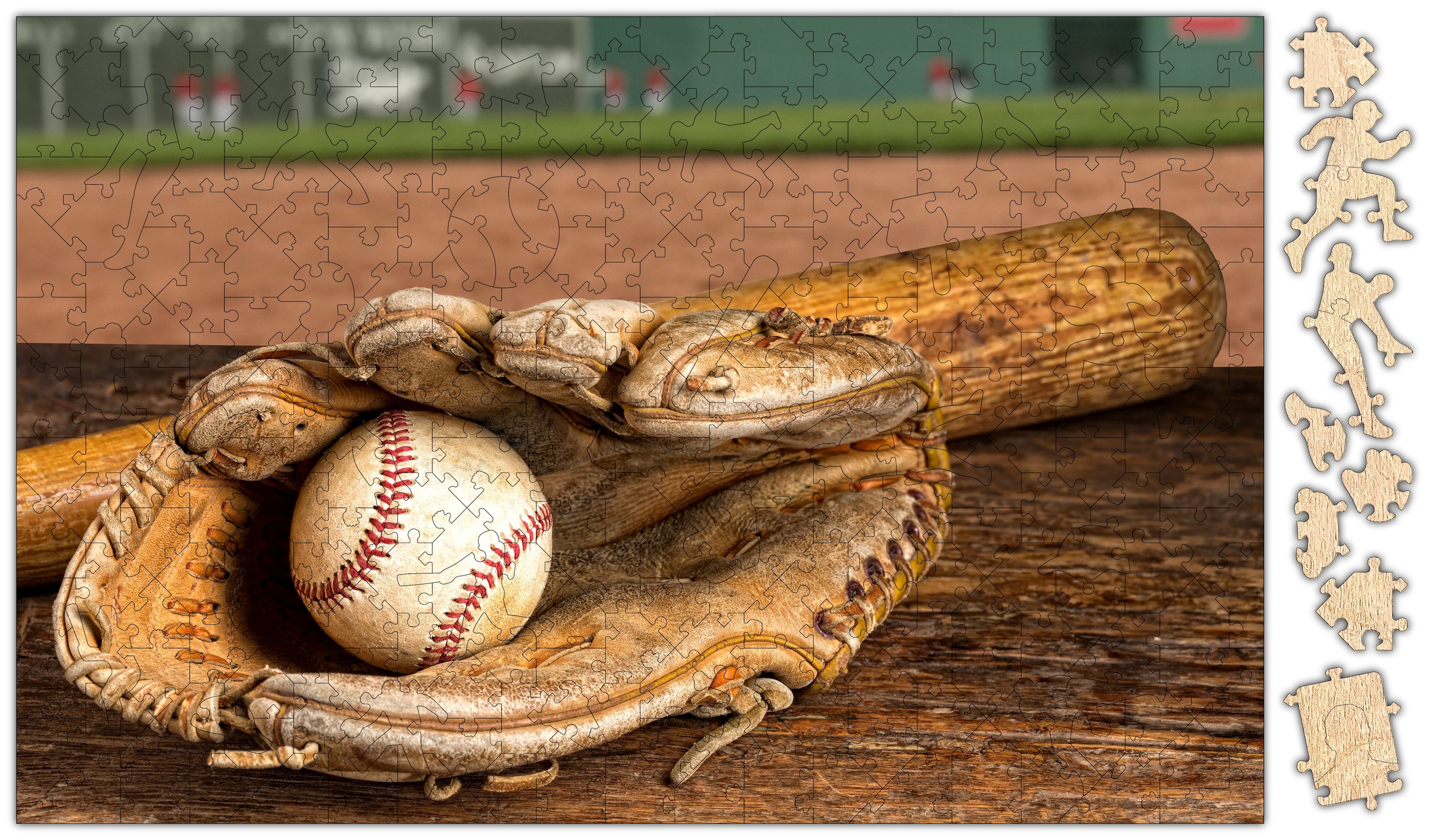 The Promise of Baseball Puzzle featuring 263 precision-cut pieces in a burlap bag, showcasing a vintage baseball design.