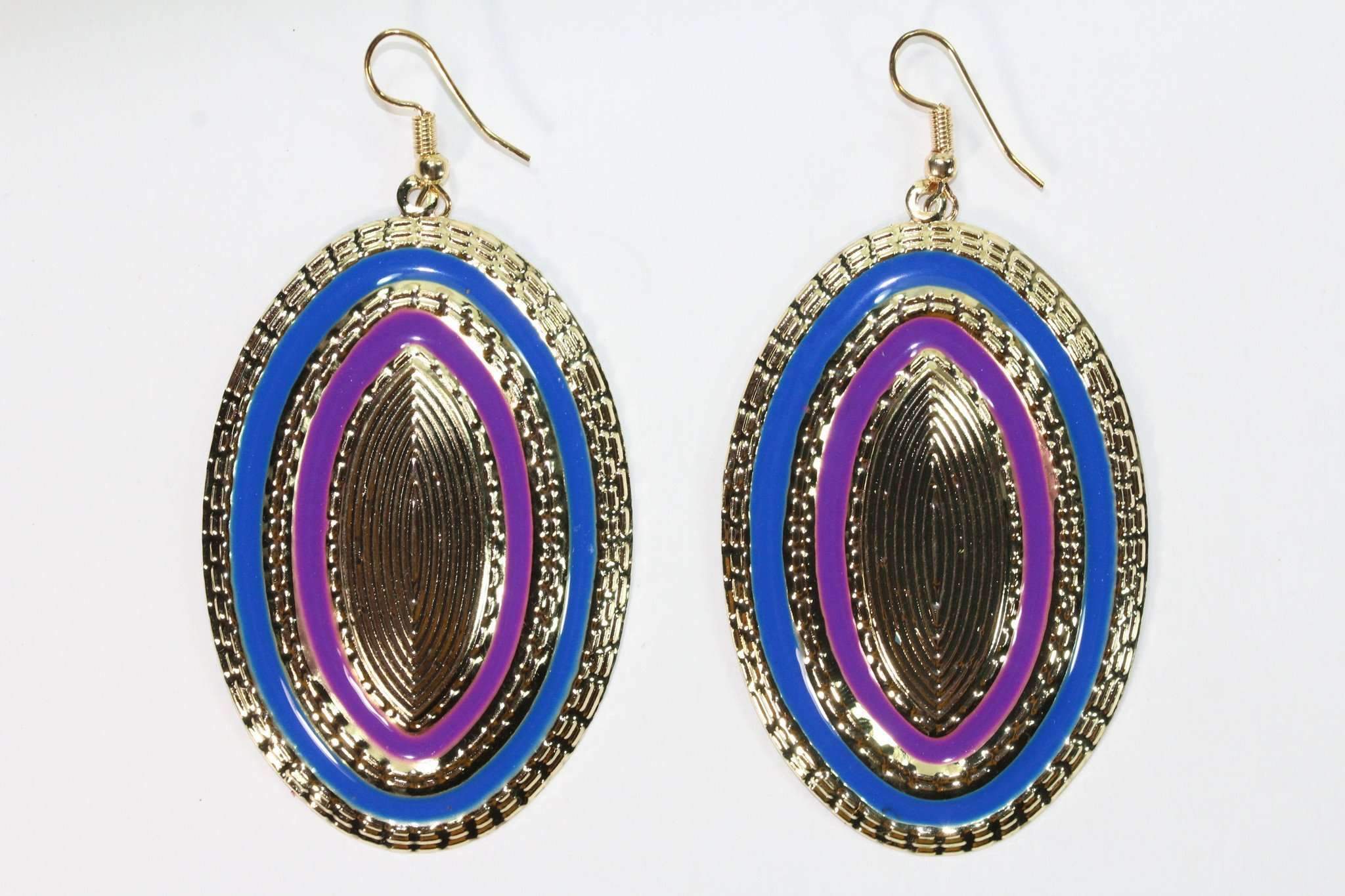 Third Eye Geo Earrings in Orange Green and Blue Purple with gold tone finish, showcasing geometric design and vibrant colors.