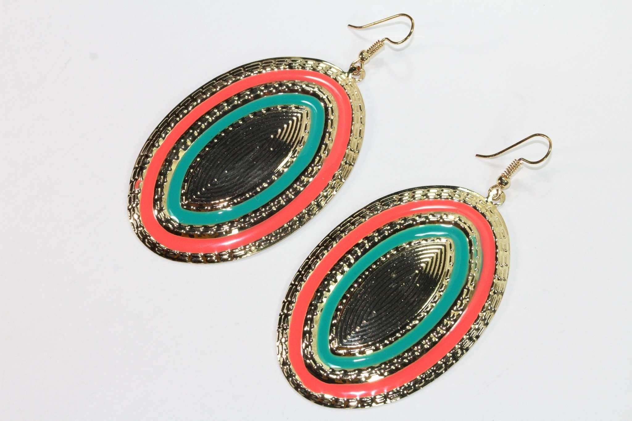 Third Eye Geo Earrings in Orange Green and Blue Purple with gold tone finish, showcasing geometric design and vibrant colors.