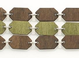 Three Link Bracelet 7512B made from sustainable wood, featuring a brown and apple green design, with a natural wood back for essential oil diffusion.