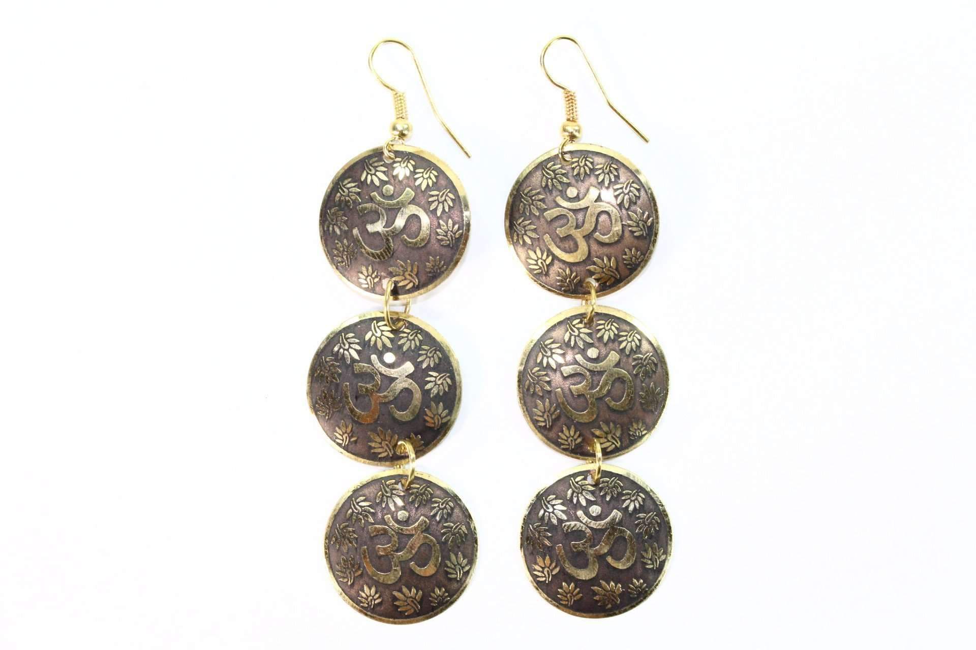 Three Tier Om Earrings featuring lotus petals in gold and silver tones, handcrafted with intricate details.