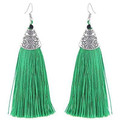 A pair of vibrant green Thread Tassel drop earrings featuring intricate thread design and metal caps, perfect for boho fashion lovers.