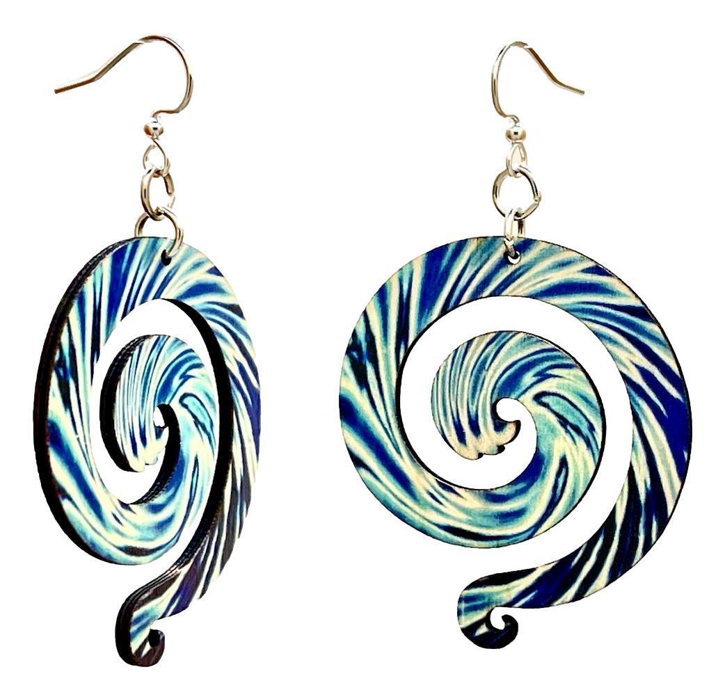 Colorful Tie Die Dal Wave Earrings made from sustainably sourced wood with silver-finished stainless steel ear wires.